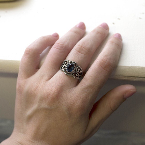 Vintage Sapphire Austrian Crystal Filigree Ring – Antiqued 18k White Gold Electroplated – Made in USA jewelry image 1