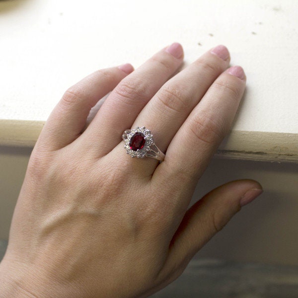 Vintage Ruby and Clear Austrian Crystal 18k White Gold Electroplated Ring Made in USA jewelry image 1