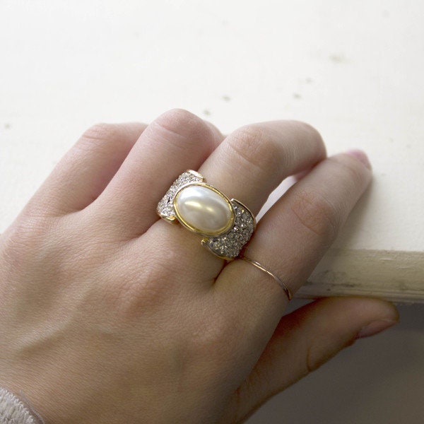Vintage Genuine Blue Abalone Cocktail Ring with Austrian Crystals - 18k Yellow Gold Electroplated jewelry image 1