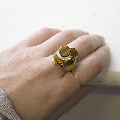 Genuine Tiger Eye Cocktail Ring with Austrian Crystals – 18k Yellow Gold Electroplated Setting jewelry image 1