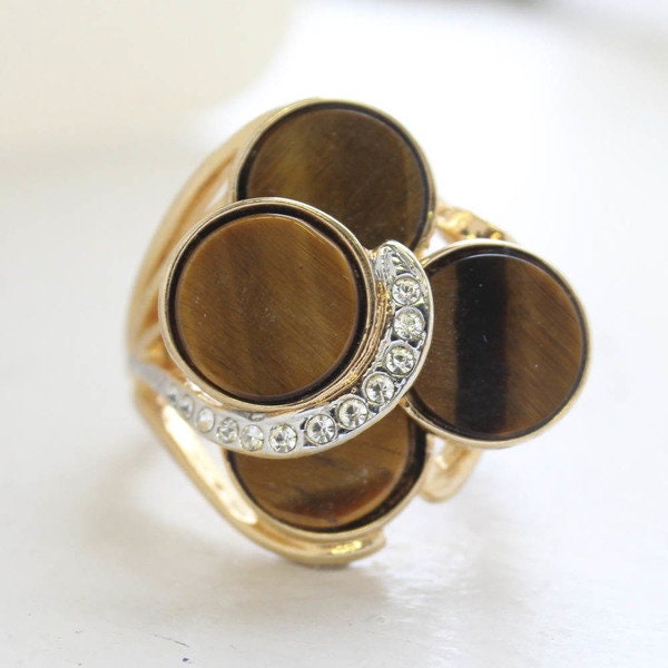 Genuine Tiger Eye Cocktail Ring with Austrian Crystals – 18k Yellow Gold Electroplated Setting jewelry image 1
