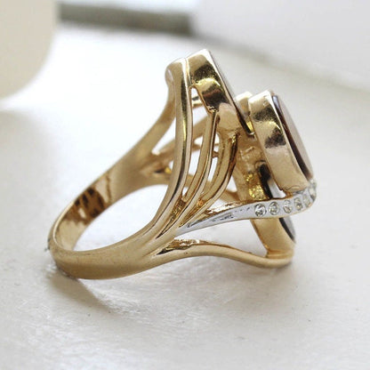 Genuine Tiger Eye Cocktail Ring with Austrian Crystals – 18k Yellow Gold Electroplated Setting jewelry image 1