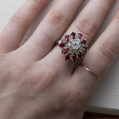 Vintage Ruby and Clear Austrian Crystal Cocktail Ring in 18kt White Gold Electroplate jewelry image 1