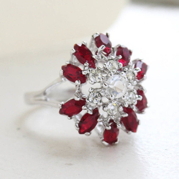 Vintage Ruby and Clear Austrian Crystal Cocktail Ring in 18kt White Gold Electroplate jewelry image 1