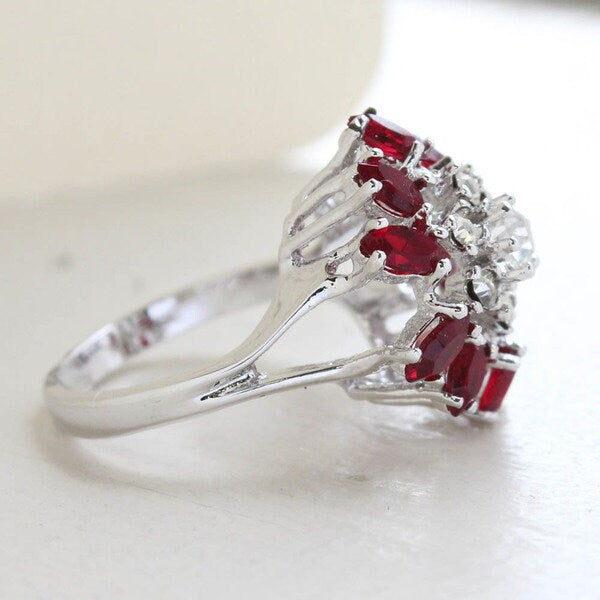 Vintage Ruby and Clear Austrian Crystal Cocktail Ring in 18kt White Gold Electroplate jewelry image 1