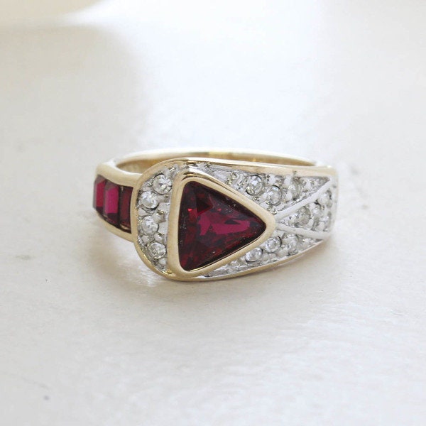 Vintage Ruby and Clear Crystal Pavé Ring – 18KT HGE Gold Electroplated, Made in USA jewelry image 1