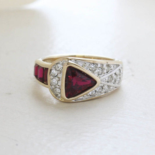 Vintage Ruby and Clear Crystal Pavé Ring – 18KT HGE Gold Electroplated, Made in USA jewelry image 1