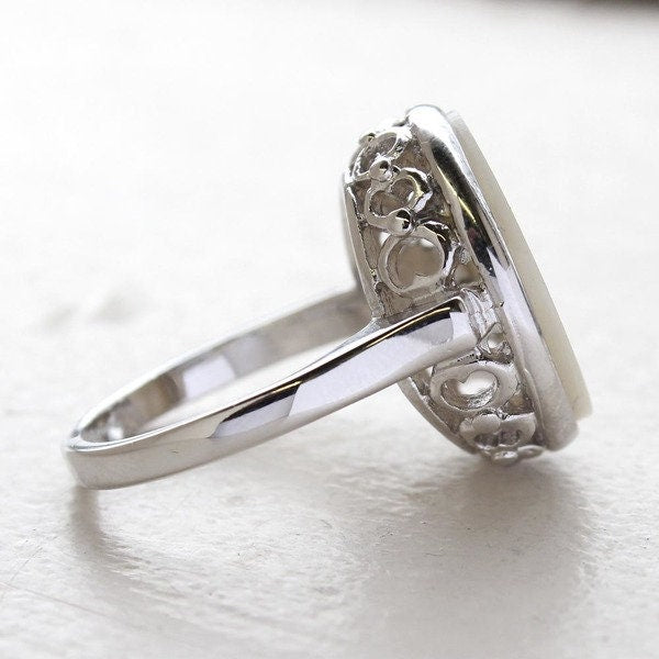 Vintage Mother of Pearl 18kt White Gold Electroplated Cocktail Ring - Made in USA jewelry image 1