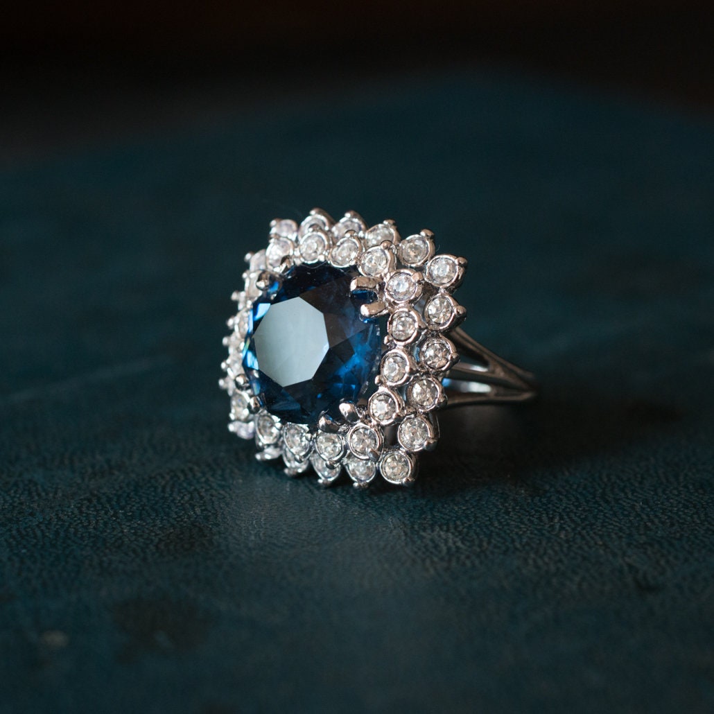 Vintage Sapphire & Clear Austrian Crystal Cluster Ring – 18k White Gold Plated, Made in USA jewelry image 1