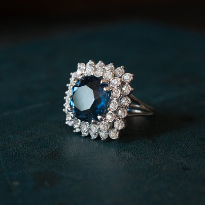 Vintage Sapphire & Clear Austrian Crystal Cluster Ring – 18k White Gold Plated, Made in USA jewelry image 1