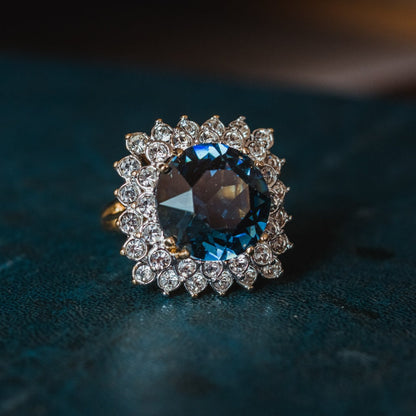 Vintage 1970s Sapphire and Clear Austrian Crystal Cluster Ring - 18k Yellow Gold Plated - Made in USA jewelry image 1