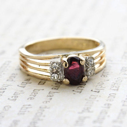 Vintage Garnet CZ and Clear Austrian Crystal Ring - 18kt Gold Electroplated - Made in USA jewelry image 1