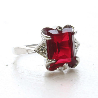 Vintage Emerald Cut Ruby Austrian Crystal 18kt White Gold Electroplated Cocktail Ring – July Birthstone Size 6 jewelry image 1