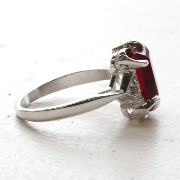 Vintage Emerald Cut Ruby Austrian Crystal 18kt White Gold Electroplated Cocktail Ring – July Birthstone Size 6 jewelry image 1
