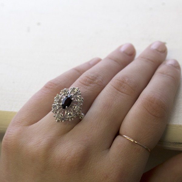 Vintage Marquise Cut Black Crystal Cocktail Ring with Clear Crystals - 18k White Gold Electroplated jewelry image 1