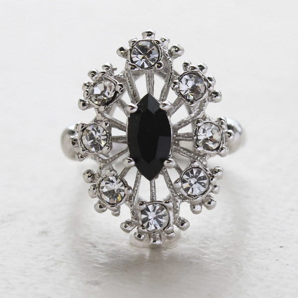Vintage Marquise Cut Black Crystal Cocktail Ring with Clear Crystals - 18k White Gold Electroplated jewelry image 1
