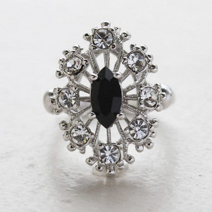 Vintage Marquise Cut Black Crystal Cocktail Ring with Clear Crystals - 18k White Gold Electroplated jewelry image 1