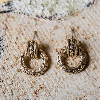 Vintage Oscar De La Renta Antiqued Silver Tone Braided Dangling Hoop Earrings jewelry image 1