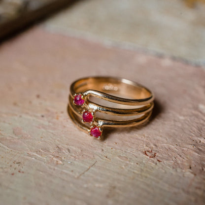 Vintage 1980s Genuine Ruby 18k Gold Electroplated Three-Stone Ring – Made in USA jewelry image 1