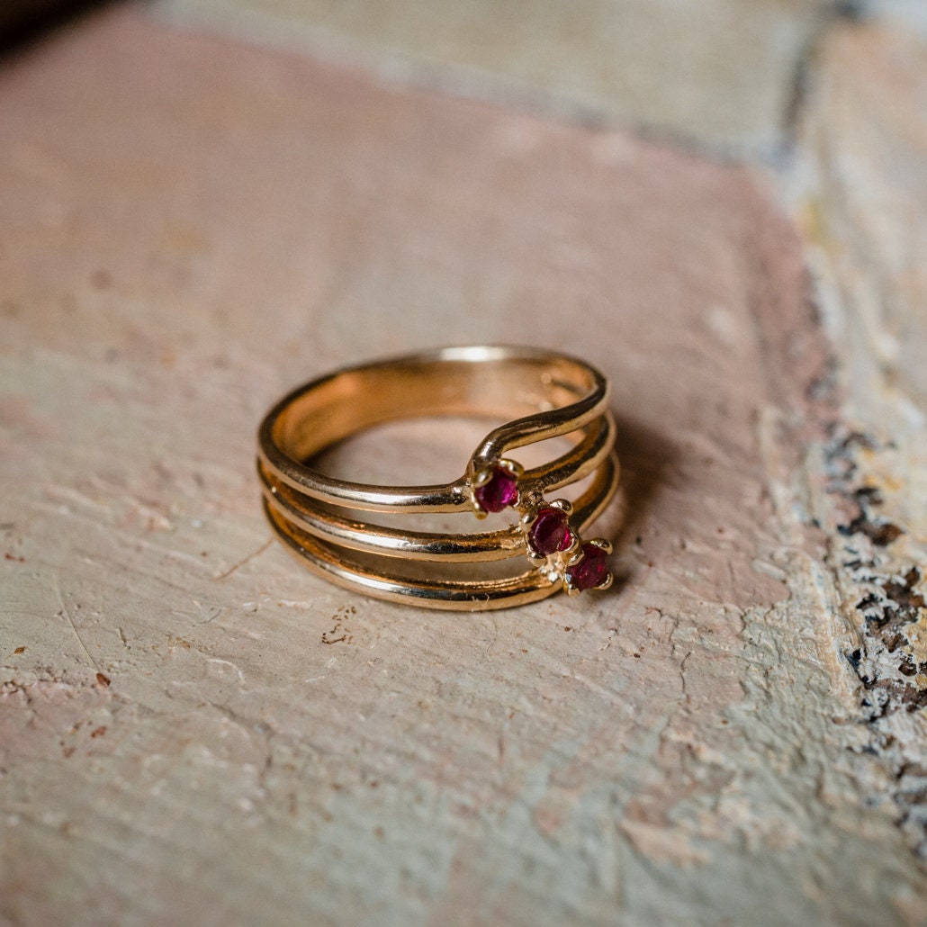 Vintage 1980s Genuine Ruby 18k Gold Electroplated Three-Stone Ring – Made in USA jewelry image 1