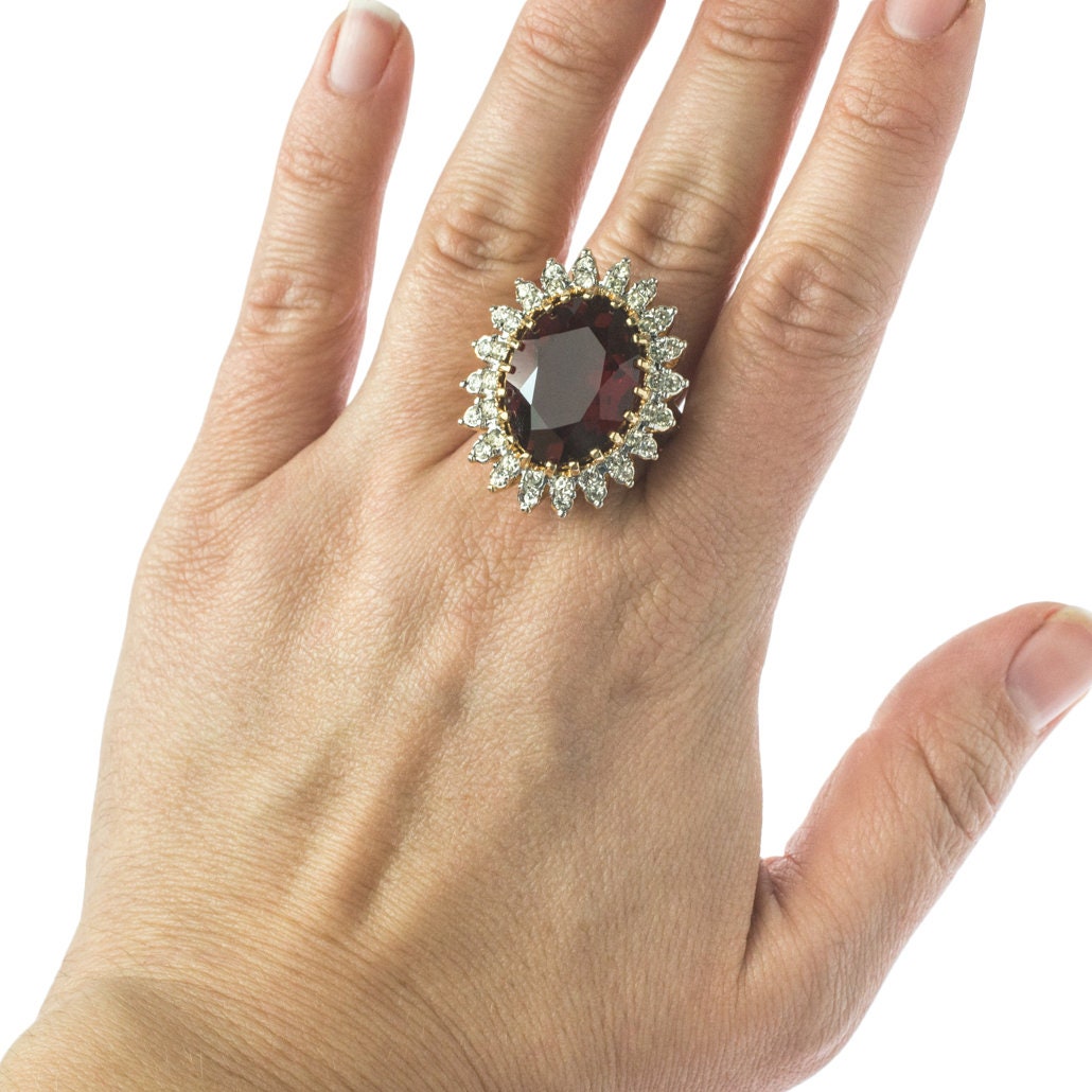 Vintage Ruby and Clear Austrian Crystal Cocktail Ring – 18k Gold Electroplated, Made in USA jewelry image 1