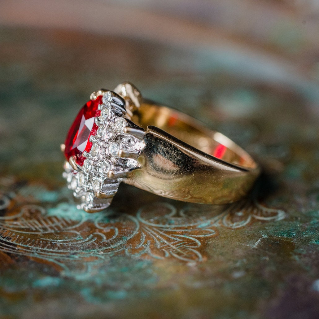 Vintage 1980s Ruby Cubic Zirconia and Clear Austrian Crystal Ring – 18kt Yellow Gold Electroplated jewelry image 1