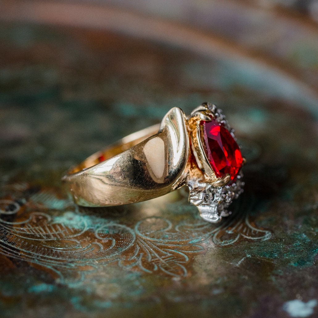 Vintage 1980s Ruby Cubic Zirconia and Clear Austrian Crystal Ring – 18kt Yellow Gold Electroplated jewelry image 1
