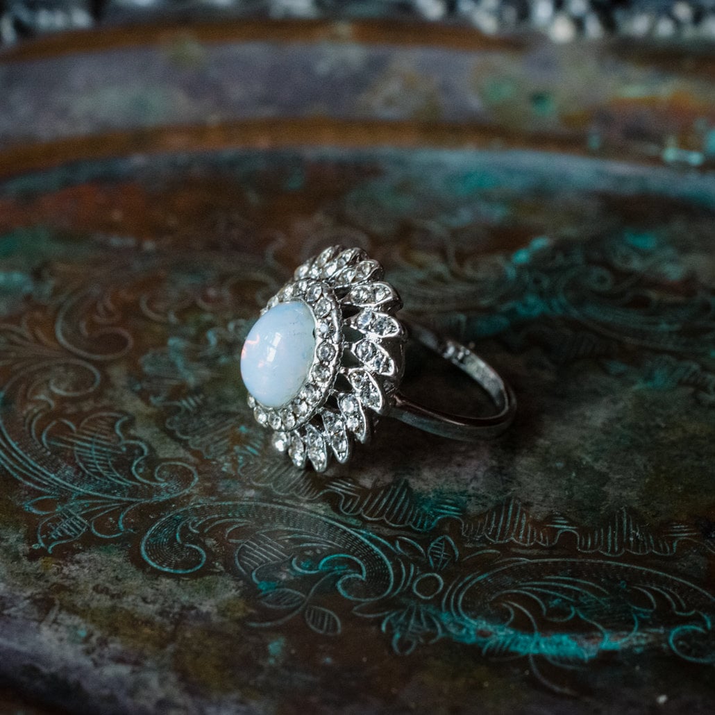 Vintage Jelly Opal Cocktail Ring with Austrian Crystals – 18k White Gold Electroplated – Made in USA jewelry image 1