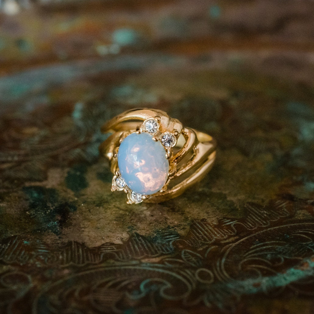 Vintage 1970s Pinfire Opal Crystal Ring with Austrian Crystals - 18k Gold Electroplated jewelry image 1