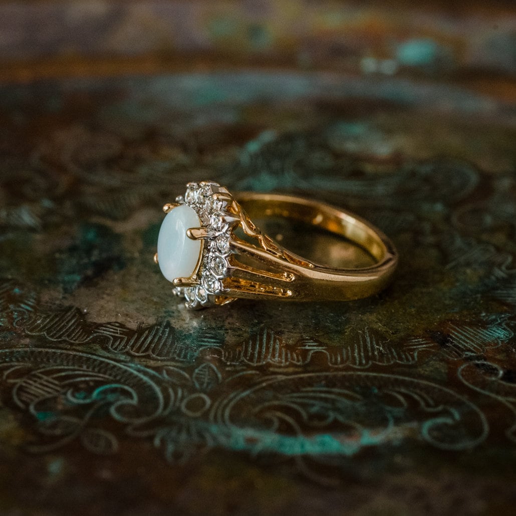 Vintage 1970s Jelly Opal Ring with Clear Austrian Crystals – 18k Yellow Gold Electroplated – Made in USA jewelry image 1