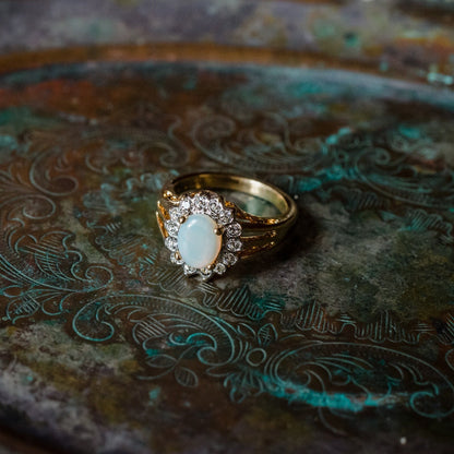 Vintage 1970s Jelly Opal Ring with Clear Austrian Crystals – 18k Yellow Gold Electroplated – Made in USA jewelry image 1