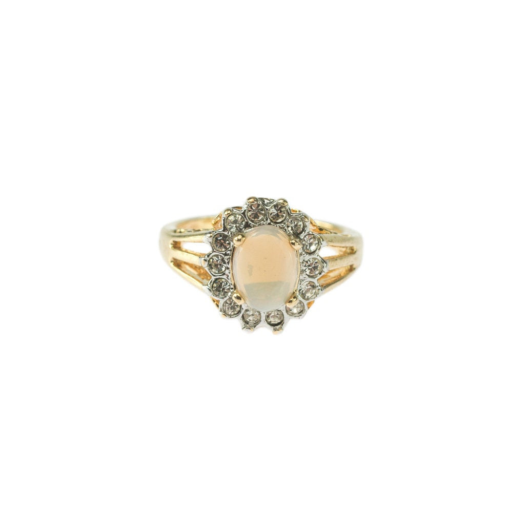 Vintage 1970s Jelly Opal Ring with Clear Austrian Crystals – 18k Yellow Gold Electroplated – Made in USA jewelry image 1