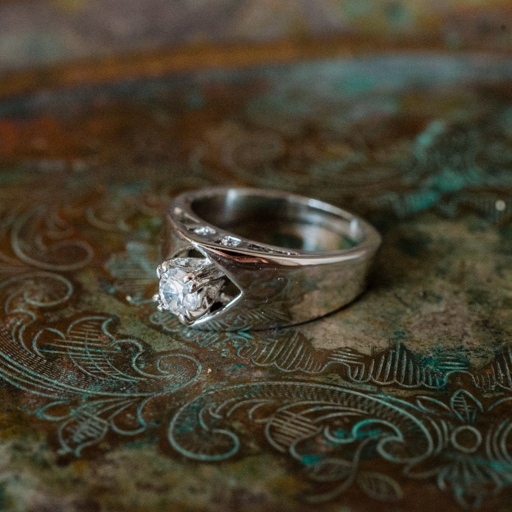 Vintage Austrian Crystal Solitaire Ring - 18kt White Gold Electroplated - Size 8 jewelry image 1