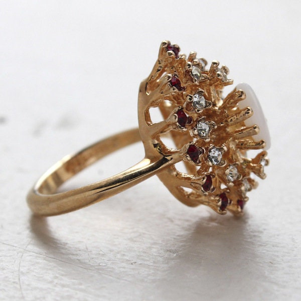 Vintage Genuine Opal Cocktail Ring with Ruby and Clear Austrian Crystals – 18kt Yellow Gold Electroplated jewelry image 1