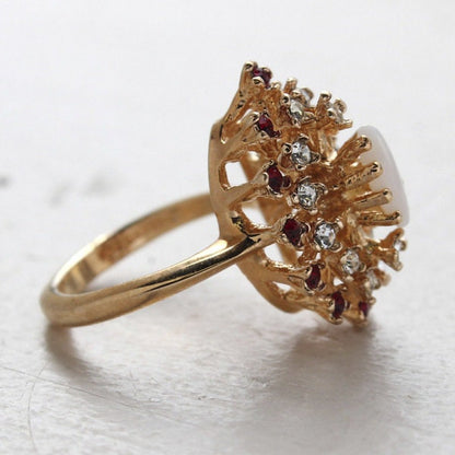 Vintage Genuine Opal Cocktail Ring with Ruby and Clear Austrian Crystals – 18kt Yellow Gold Electroplated jewelry image 1