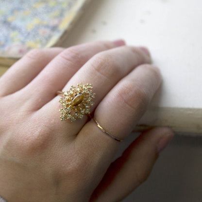 Vintage Genuine Tiger Eye and Clear Austrian Crystal Cocktail Ring 18kt Yellow Gold Electroplated jewelry image 1