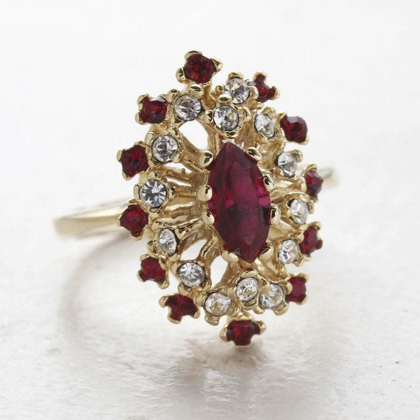Vintage Genuine Opal and Ruby Austrian Crystal Cocktail Ring - 18kt Yellow Gold Electroplated jewelry image 1