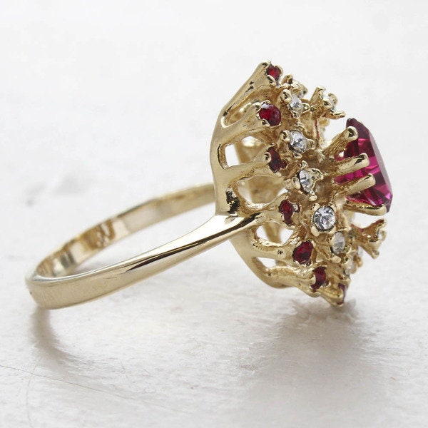 Vintage Genuine Opal and Ruby Austrian Crystal Cocktail Ring - 18kt Yellow Gold Electroplated jewelry image 1