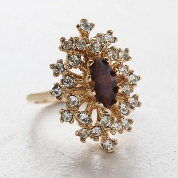 Vintage Genuine Opal Cocktail Ring with Clear Austrian Crystals - 18kt Yellow Gold Electroplated jewelry image 1