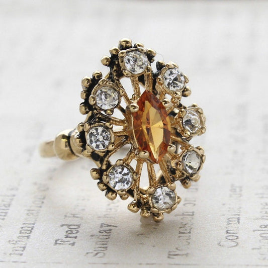 Vintage Light Topaz and Clear Austrian Crystal Ring – 18kt Antiqued Gold Electroplated jewelry image 1
