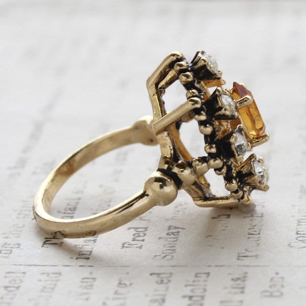Vintage Light Topaz and Clear Austrian Crystal Ring – 18kt Antiqued Gold Electroplated jewelry image 1