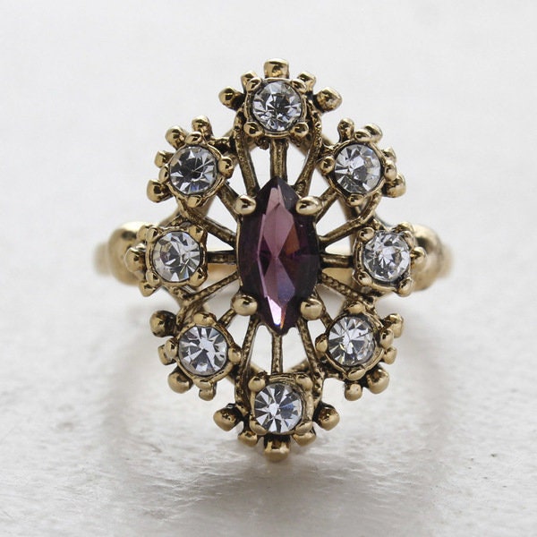 Vintage Marquise Cut Amethyst Austrian Crystal Cocktail Ring with Clear Crystals - 18k Gold Electroplated jewelry image 1