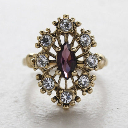 Vintage Marquise Cut Amethyst Austrian Crystal Cocktail Ring with Clear Crystals - 18k Gold Electroplated jewelry image 1