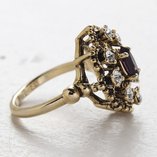 Vintage Marquise Cut Amethyst Austrian Crystal Cocktail Ring with Clear Crystals - 18k Gold Electroplated jewelry image 1