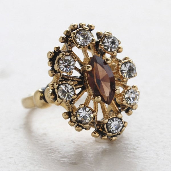 Vintage Brown Topaz and Clear Austrian Crystal Cocktail Ring - 18kt Antiqued Gold Electroplated jewelry image 1
