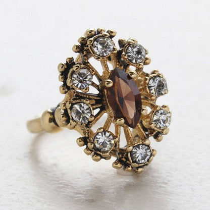 Vintage Brown Topaz and Clear Austrian Crystal Cocktail Ring - 18kt Antiqued Gold Electroplated jewelry image 1