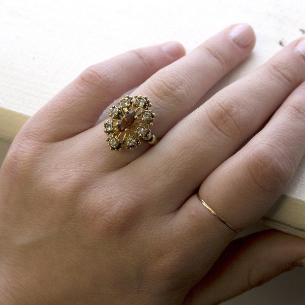 Vintage Brown Topaz and Clear Austrian Crystal Cocktail Ring - 18kt Antiqued Gold Electroplated jewelry image 1