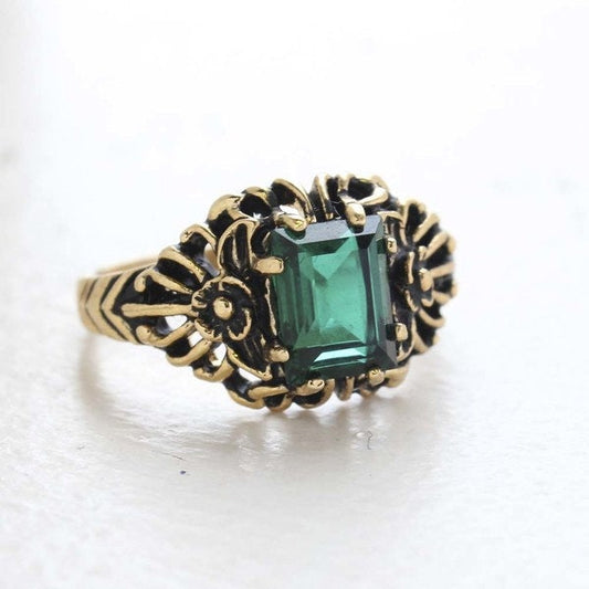 Vintage Emerald Cut Green Austrian Crystal Ring – 18kt Antiqued Yellow Gold Electroplated Filigree Setting jewelry image 1