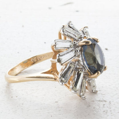 Vintage Sapphire and Clear Baguette Austrian Crystal Cocktail Ring – 18kt Yellow Gold Electroplated jewelry image 1