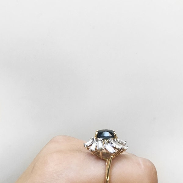 Vintage Sapphire and Clear Baguette Austrian Crystal Cocktail Ring – 18kt Yellow Gold Electroplated jewelry image 1